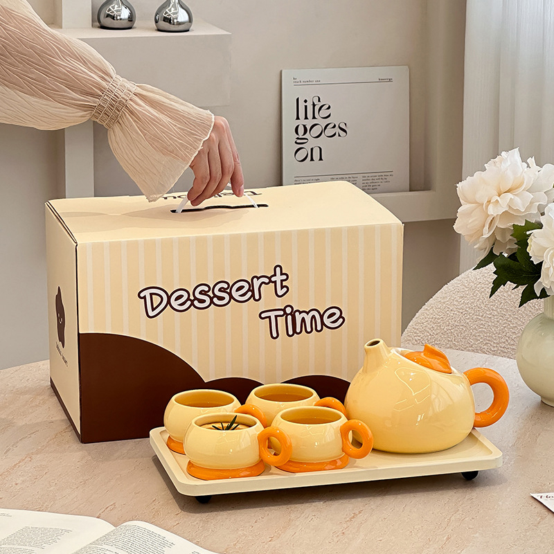Set de ceai ceramic, galben și roșu, pentru 4 persoane, design modern minimalist, pentru uz casnic, în cutie cadou