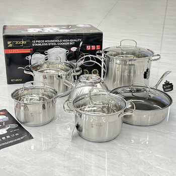 Set de 12 piese din oțel inoxidabil cu capace din sticlă – oale, ceainic, oală de lapte, oală de supă, oală de supă adâncă, tigaie – cutie cadou