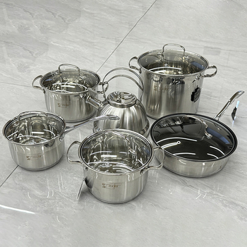Set de 12 piese din oțel inoxidabil cu capace din sticlă – oale, ceainic, oală de lapte, oală de supă, oală de supă adâncă, tigaie – cutie cadou