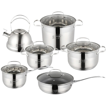 Set de 12 piese din oțel inoxidabil cu capace din sticlă – oale, ceainic, oală de lapte, oală de supă, oală de supă adâncă, tigaie – cutie cadou