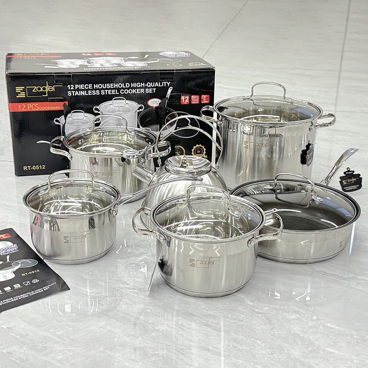 Set de 12 piese din oțel inoxidabil cu capace din sticlă – oale, ceainic, oală de lapte, oală de supă, oală de supă adâncă, tigaie – cutie cadou