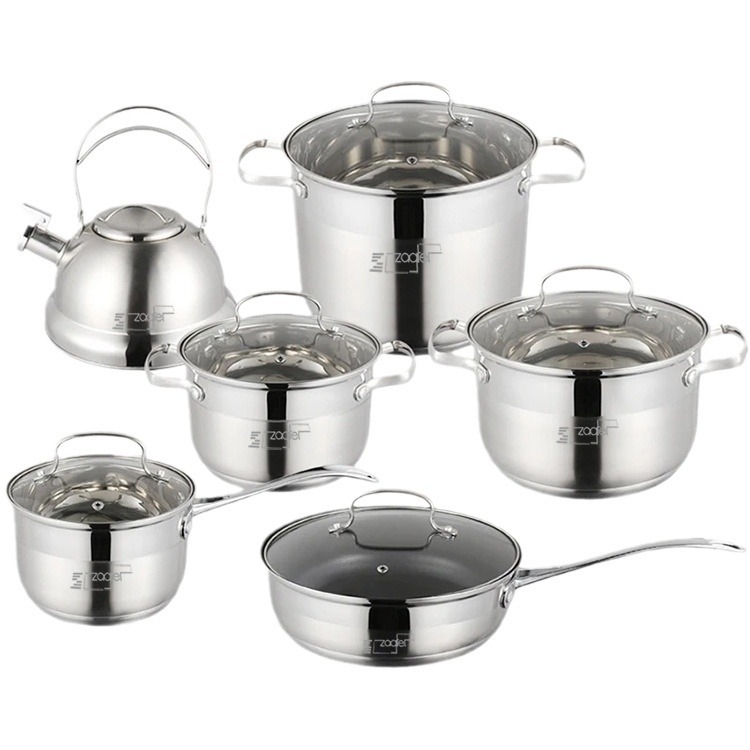 Set de 12 piese din oțel inoxidabil cu capace din sticlă – oale, ceainic, oală de lapte, oală de supă, oală de supă adâncă, tigaie – cutie cadou