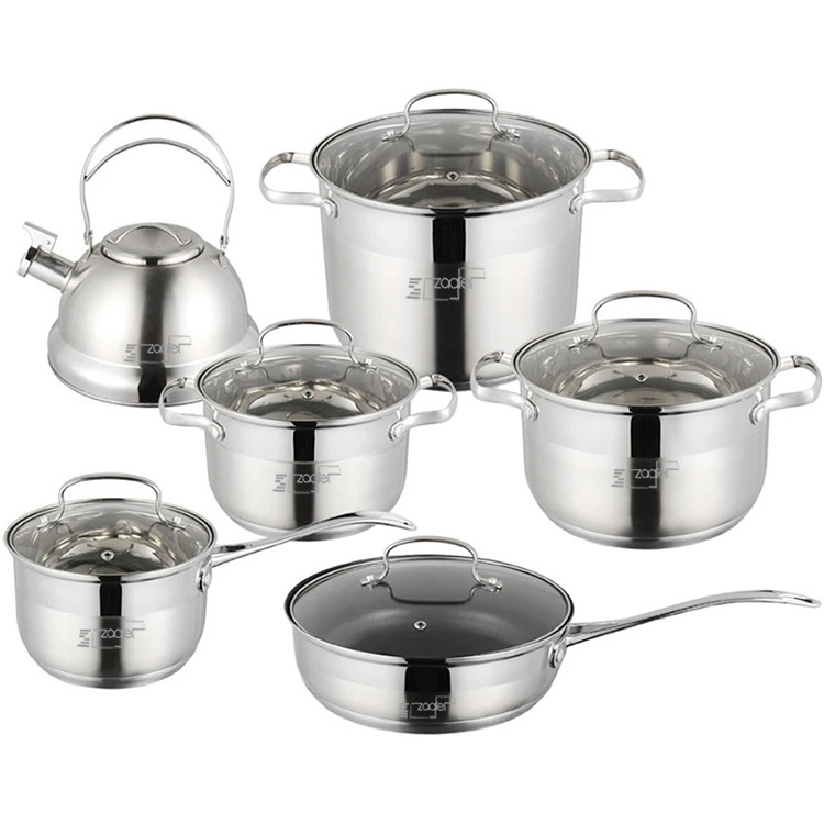 Set de 12 piese din oțel inoxidabil cu capace din sticlă – oale, ceainic, oală de lapte, oală de supă, oală de supă adâncă, tigaie – cutie cadou