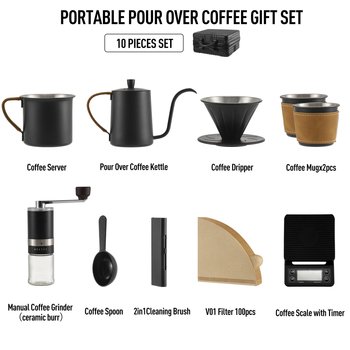 Set de cafea pentru călătorii din oțel inox cu râșniță manuală, ceainic pour-over, vas de filtrare, două cești, filtre de hârtie, lingură de măsurare, perie de curățare și cronometru