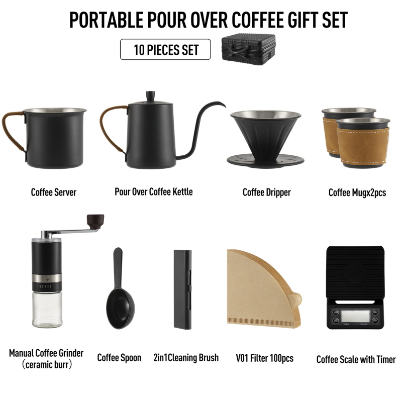 Set de cafea pentru călătorii din oțel inox cu râșniță manuală, ceainic pour-over, vas de filtrare, două cești, filtre de hârtie, lingură de măsurare, perie de curățare și cronometru