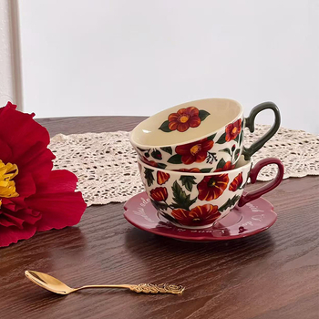 Ceașcă ceramică cu farfurioară cu camelia, stil vintage, set cafea și ceai cu model floral pentru uz casnic
