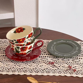 Ceașcă ceramică cu farfurioară cu camelia, stil vintage, set cafea și ceai cu model floral pentru uz casnic