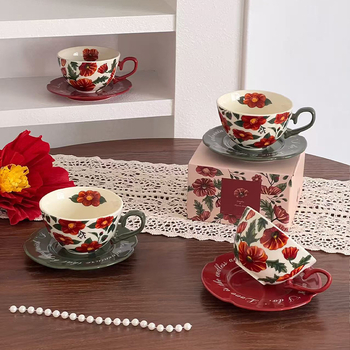 Ceașcă ceramică cu farfurioară cu camelia, stil vintage, set cafea și ceai cu model floral pentru uz casnic