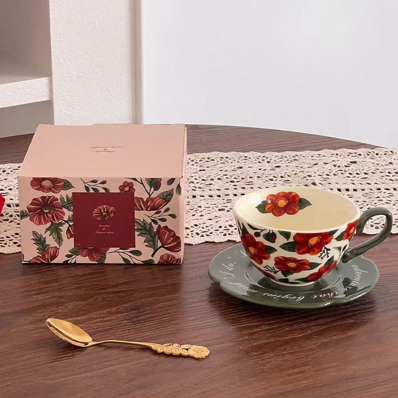 Ceașcă ceramică cu farfurioară cu camelia, stil vintage, set cafea și ceai cu model floral pentru uz casnic