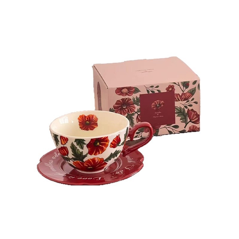 Ceașcă ceramică cu farfurioară cu camelia, stil vintage, set cafea și ceai cu model floral pentru uz casnic