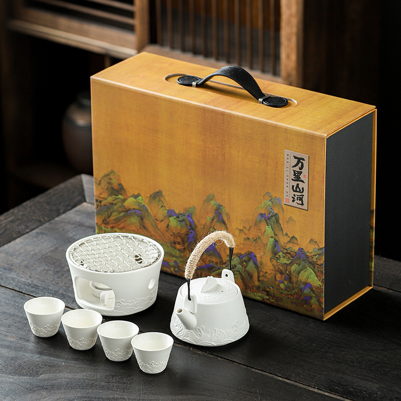 Set ceramic de ceai pentru plită: ceainic și patru cești, stil național modern, cutie cadou, logo personalizat