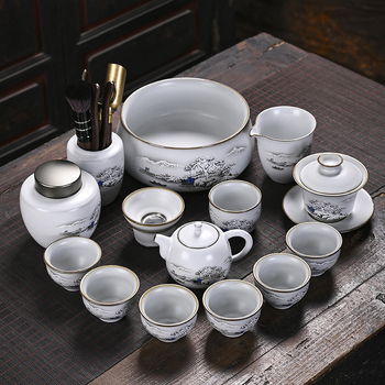 Ru Kiln porcelán teáskészlet — luxus ajándék otthonra és irodába, jégszerű repedésű mázzal és mintával, amely a rovar szárnyát idézi, 6-10 főre