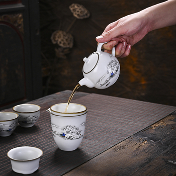 Ru Kiln porcelán teáskészlet — luxus ajándék otthonra és irodába, jégszerű repedésű mázzal és mintával, amely a rovar szárnyát idézi, 6-10 főre