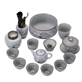 Ru Kiln porcelán teáskészlet — luxus ajándék otthonra és irodába, jégszerű repedésű mázzal és mintával, amely a rovar szárnyát idézi, 6-10 főre