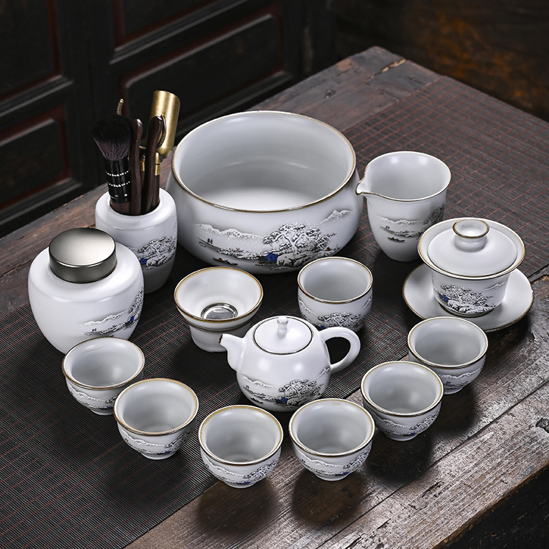 Ru Kiln porcelán teáskészlet — luxus ajándék otthonra és irodába, jégszerű repedésű mázzal és mintával, amely a rovar szárnyát idézi, 6-10 főre