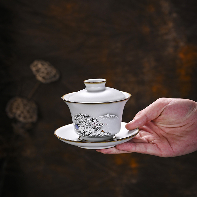 Ru Kiln porcelán teáskészlet — luxus ajándék otthonra és irodába, jégszerű repedésű mázzal és mintával, amely a rovar szárnyát idézi, 6-10 főre