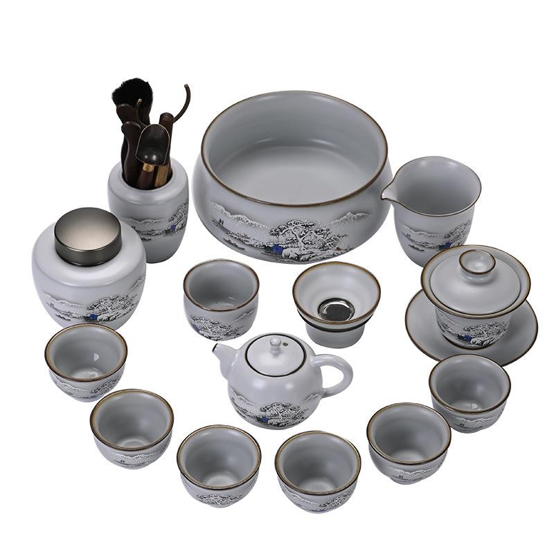 Ru Kiln porcelán teáskészlet — luxus ajándék otthonra és irodába, jégszerű repedésű mázzal és mintával, amely a rovar szárnyát idézi, 6-10 főre