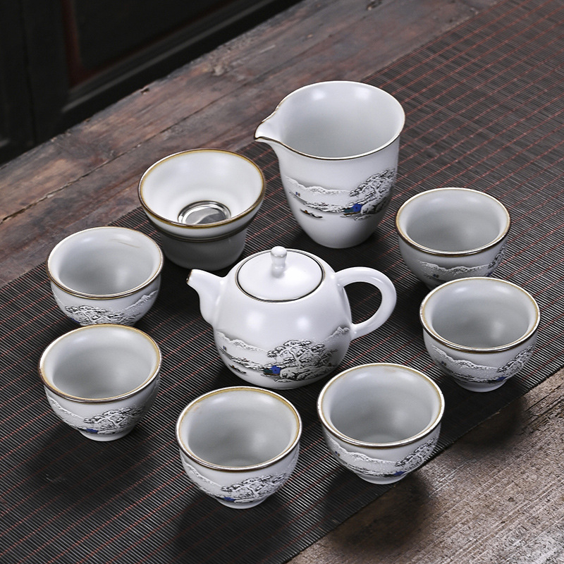 Ru Kiln porcelán teáskészlet — luxus ajándék otthonra és irodába, jégszerű repedésű mázzal és mintával, amely a rovar szárnyát idézi, 6-10 főre
