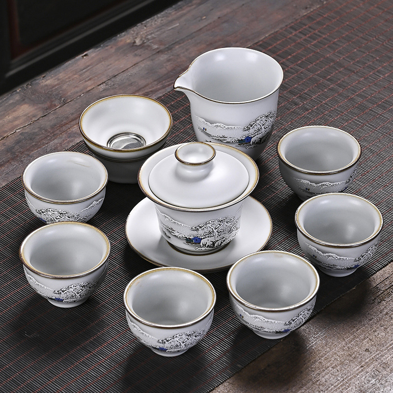 Ru Kiln porcelán teáskészlet — luxus ajándék otthonra és irodába, jégszerű repedésű mázzal és mintával, amely a rovar szárnyát idézi, 6-10 főre