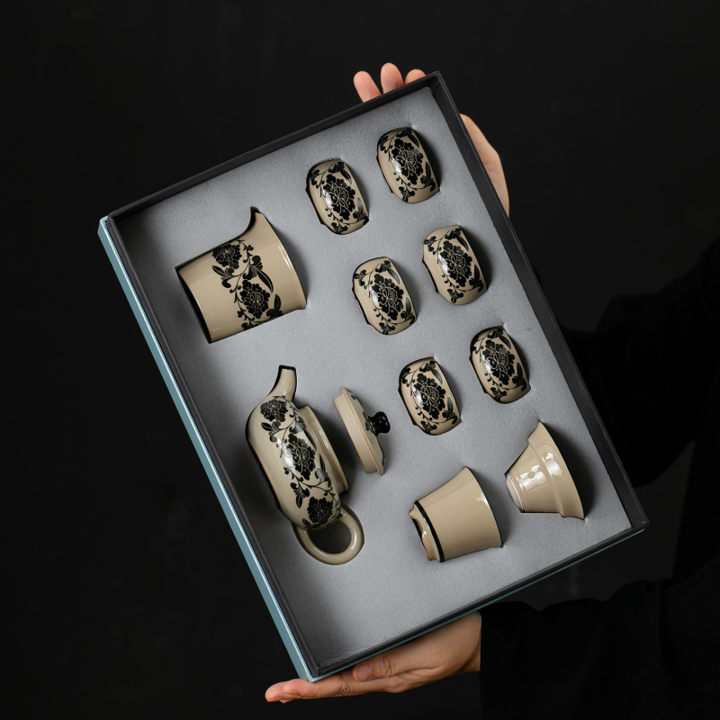 Kék-szürkés mázzal készült kerámia teáscsésze gravírozott díszítéssel, otthoni használatra, Gongfu teás készlet, személyes teáscsésze