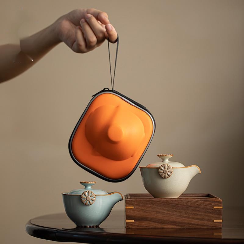 Set ceai Tianqing Ru Kiln din ceramică, portabil pentru drumeții în aer liber, pentru 3 persoane, stil retro