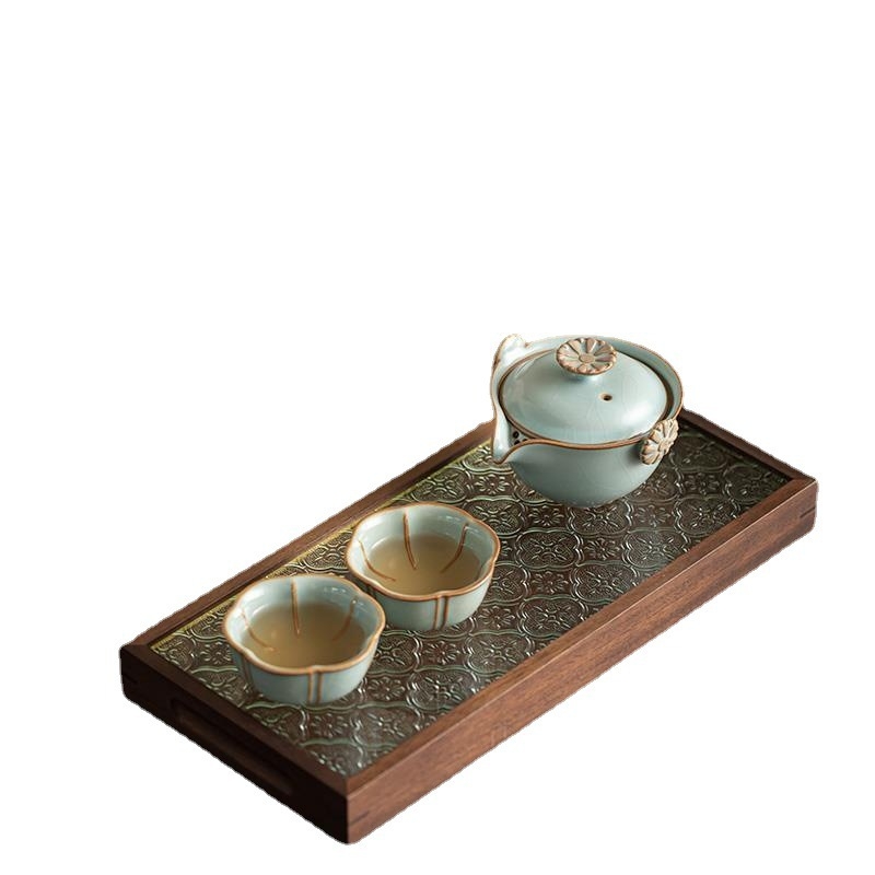 Set ceai Tianqing Ru Kiln din ceramică, portabil pentru drumeții în aer liber, pentru 3 persoane, stil retro