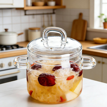 Oală de supă din sticlă borosilicat rezistentă la temperaturi înalte, cu mâneri duble, aburire ouă, vas mic de gătit din sticlă