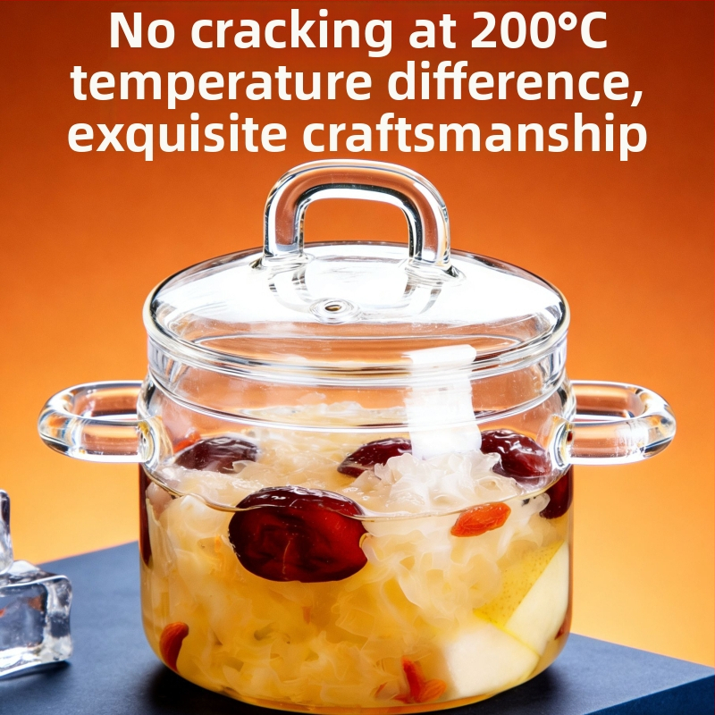 Oală de supă din sticlă borosilicat rezistentă la temperaturi înalte, cu mâneri duble, aburire ouă, vas mic de gătit din sticlă