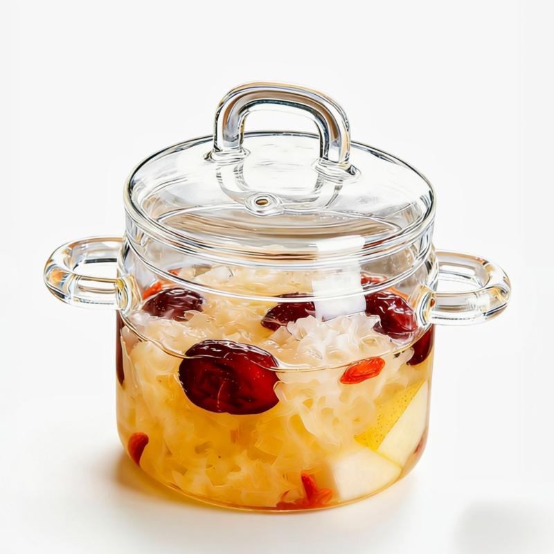 Oală de supă din sticlă borosilicat rezistentă la temperaturi înalte, cu mâneri duble, aburire ouă, vas mic de gătit din sticlă