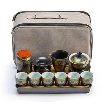 Set portabil de ceai Kung Fu cu tavă, ceramică Ru Kiln, ceainic și cești, cutie cadou, pentru casă și călătorii