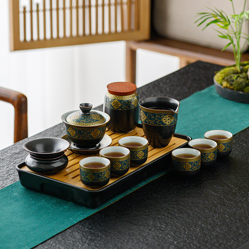 Set portabil de ceai Kung Fu cu tavă, ceramică Ru Kiln, ceainic și cești, cutie cadou, pentru casă și călătorii