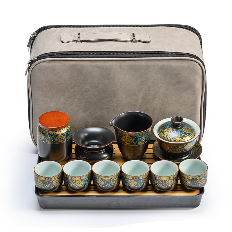 Set portabil de ceai Kung Fu cu tavă, ceramică Ru Kiln, ceainic și cești, cutie cadou, pentru casă și călătorii