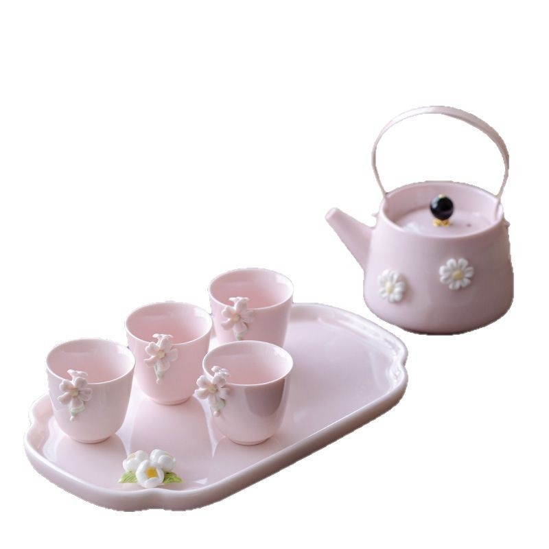 Set de ceai din porțelan cu ceainic cu capac, finisaj glazurat color, include tavă ceramică pentru ceai și cutie cadou — ideal pentru ziua de naștere sau ca dar pentru o prietenă sau mamă