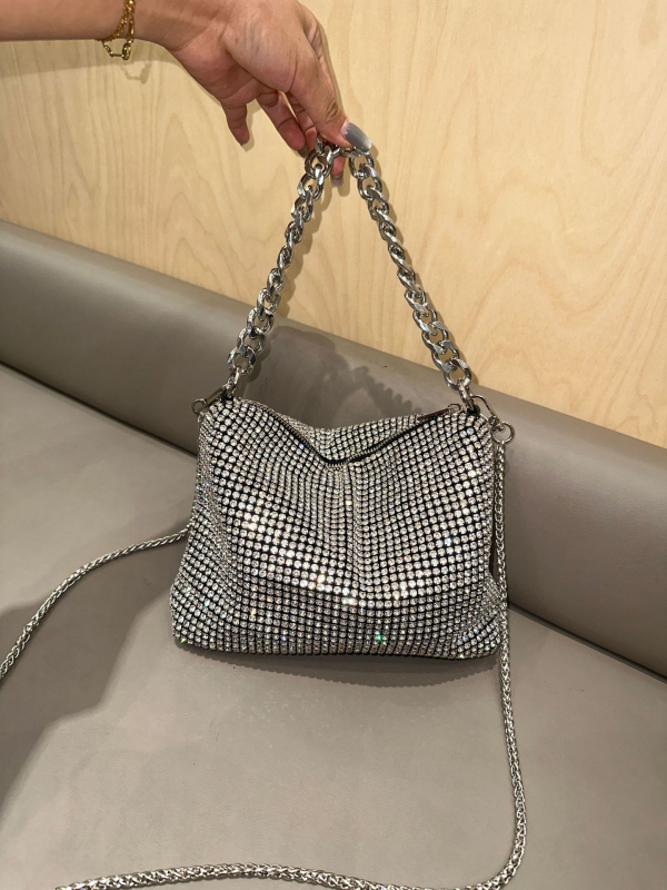 Ženska PVC torbica s dijamantnim ukrasom, kvadratnog oblika, lančani remen, večernja crossbody