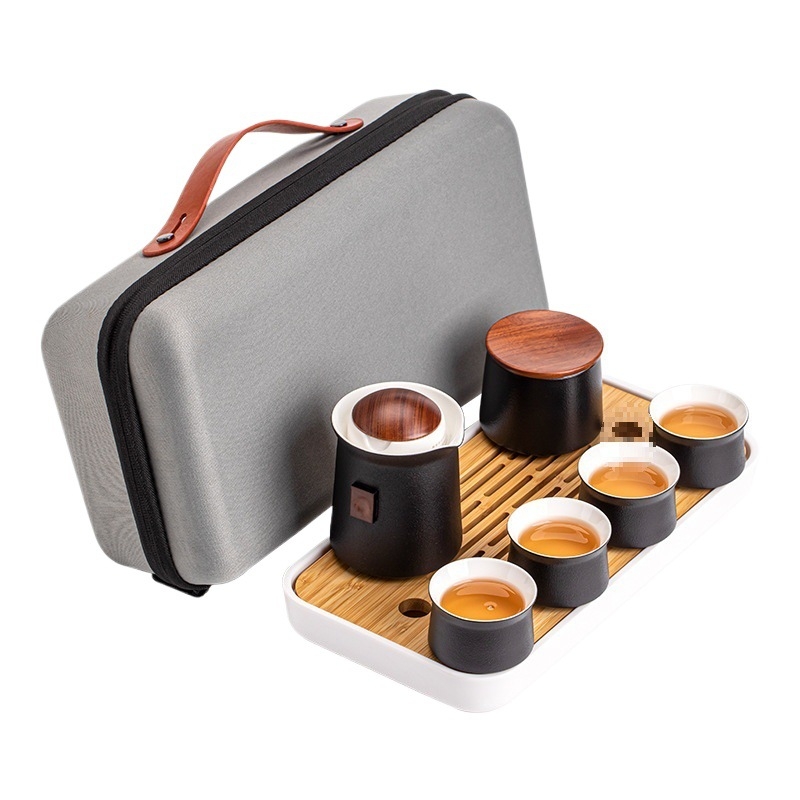 Set ceramic de ceai portabil pentru camping în aer liber – 1 ceainic, 4 cești și tavă de ceai