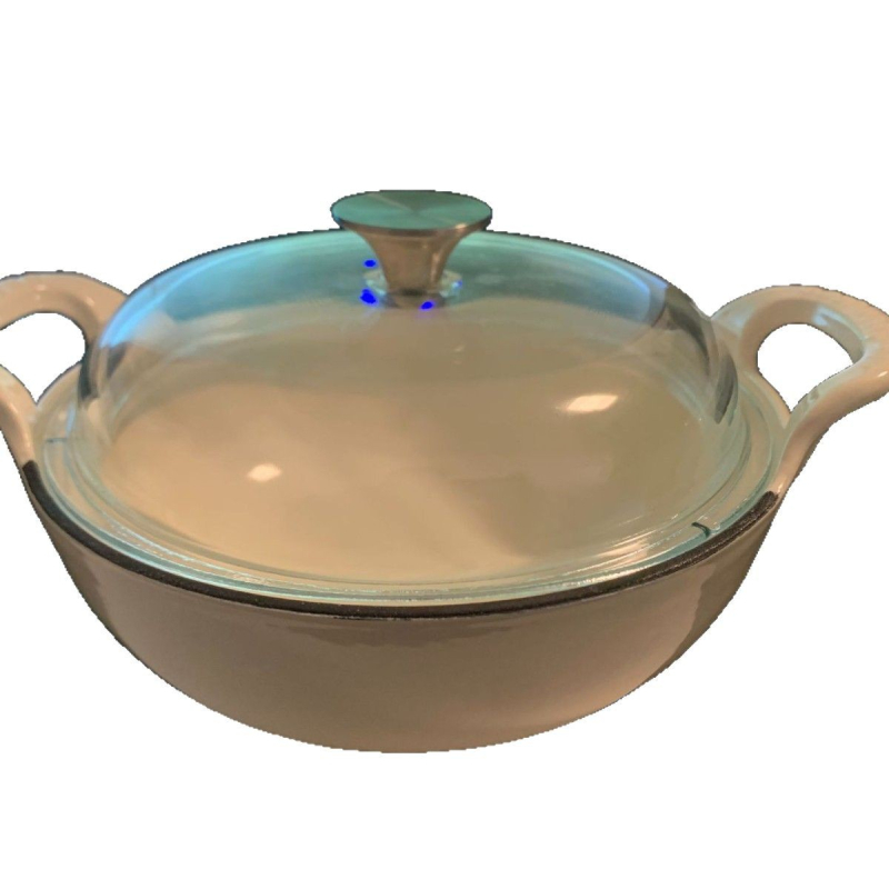 Oală din fontă pentru supe și soturi, fund plat, capac din sticlă borosilicată, exterior emailat, compatibilă cu plita cu inducție