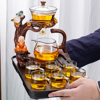 Set de ceai din sticlă cu ceainic și cești, tavă din bambus, stil Gongfu, pentru uz casnic, pentru 6-10 persoane, lux elegant