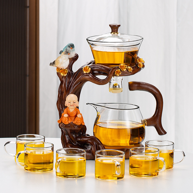 Set de ceai din sticlă cu ceainic și cești, tavă din bambus, stil Gongfu, pentru uz casnic, pentru 6-10 persoane, lux elegant
