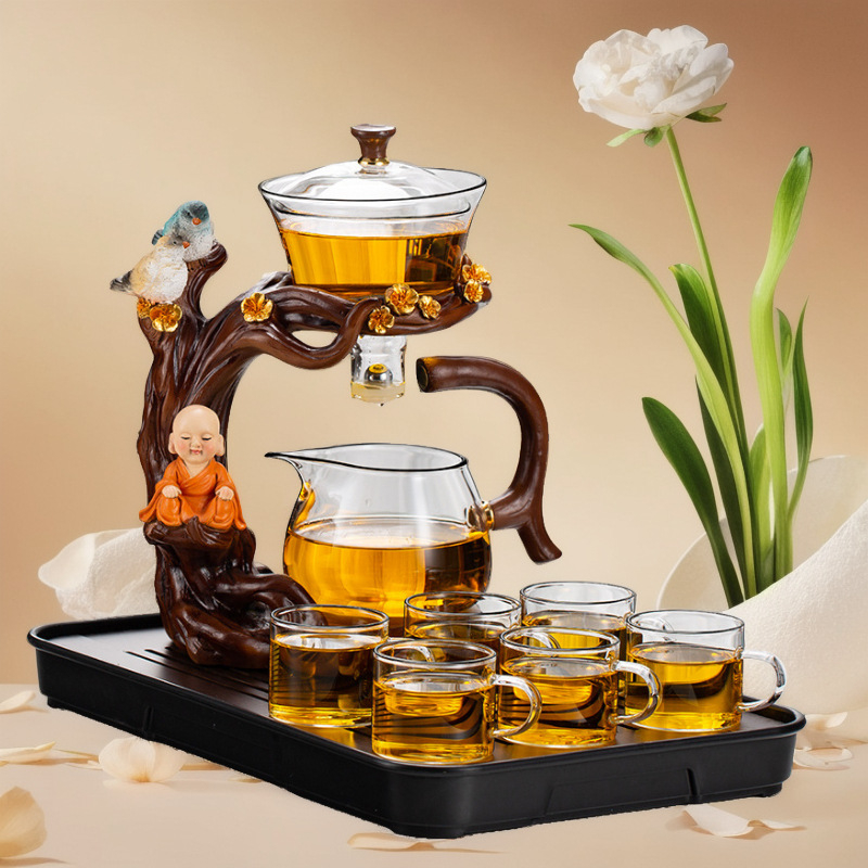 Set de ceai din sticlă cu ceainic și cești, tavă din bambus, stil Gongfu, pentru uz casnic, pentru 6-10 persoane, lux elegant