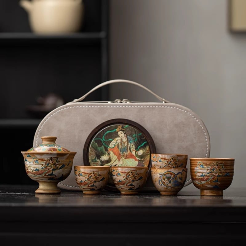 Set de ceai Dunhuang Feitian, handmade, cu gaiwan și ceainic, pentru uz personal, set Gongfu complet, stil chinezesc