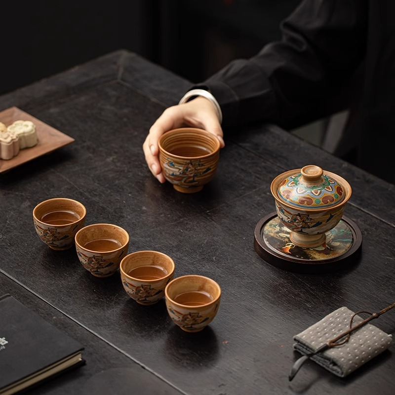 Set de ceai Dunhuang Feitian, handmade, cu gaiwan și ceainic, pentru uz personal, set Gongfu complet, stil chinezesc