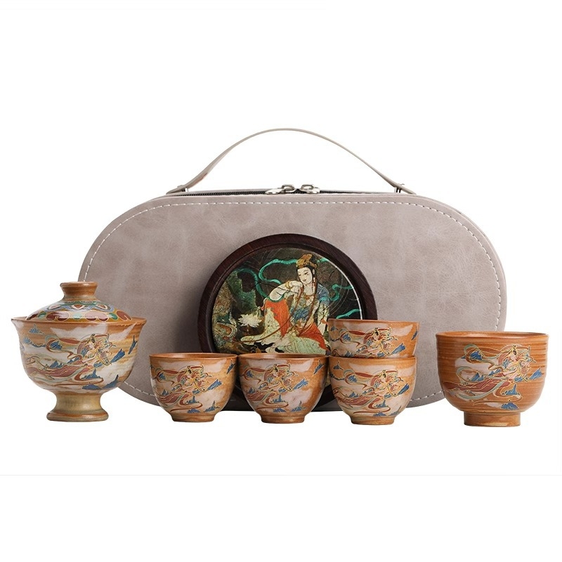Set de ceai Dunhuang Feitian, handmade, cu gaiwan și ceainic, pentru uz personal, set Gongfu complet, stil chinezesc