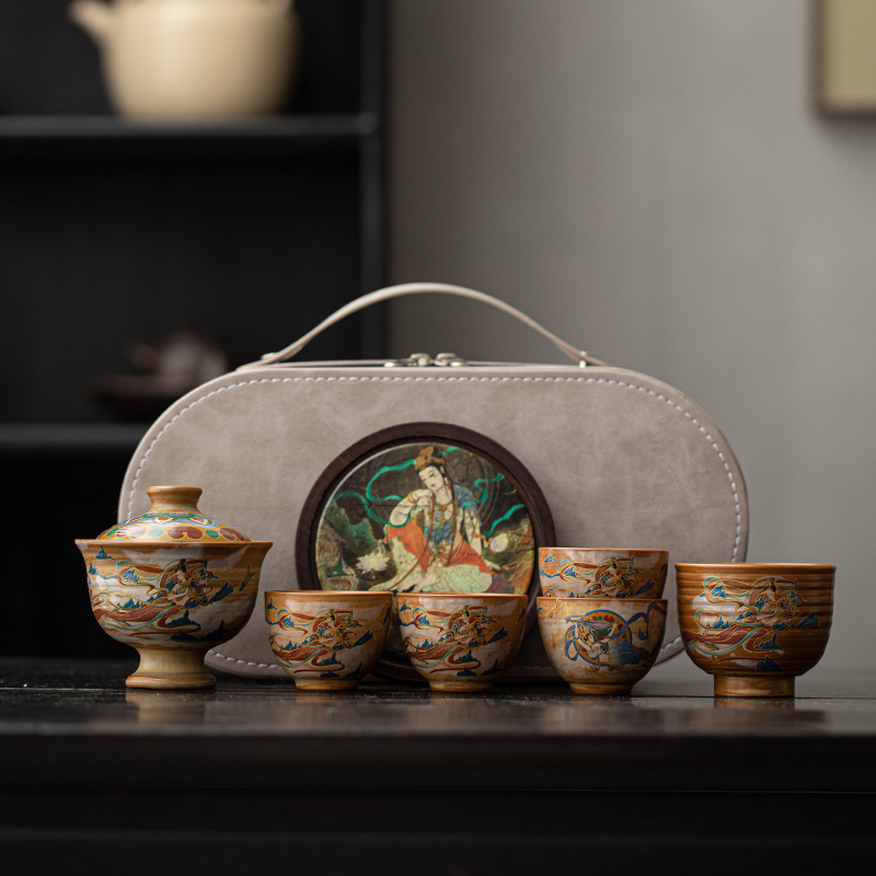 Set de ceai Dunhuang Feitian, handmade, cu gaiwan și ceainic, pentru uz personal, set Gongfu complet, stil chinezesc