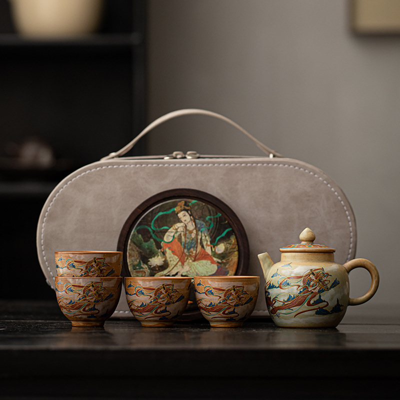 Set de ceai Dunhuang Feitian, handmade, cu gaiwan și ceainic, pentru uz personal, set Gongfu complet, stil chinezesc
