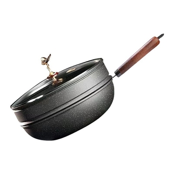 Wok din piatră Maifan, antiaderent, cu coș de aburi – tigaie multifuncțională pentru gătit la aburi și sotare, capac din sticlă, bază dublu strat din fier