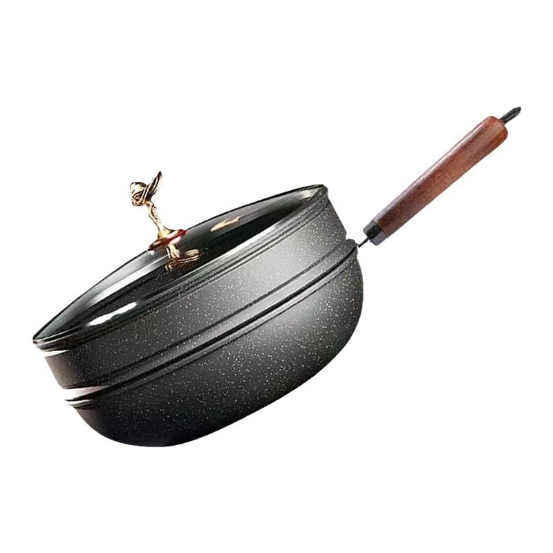 Wok din piatră Maifan, antiaderent, cu coș de aburi – tigaie multifuncțională pentru gătit la aburi și sotare, capac din sticlă, bază dublu strat din fier