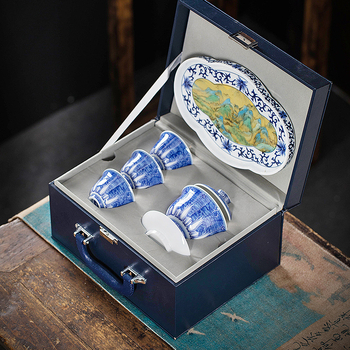 Set Gongfu de ceai din porțelan albastru- alb — gaiwan și ceainic, cadou de Anul Nou