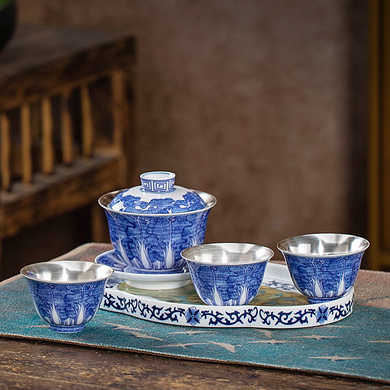 Set Gongfu de ceai din porțelan albastru- alb — gaiwan și ceainic, cadou de Anul Nou