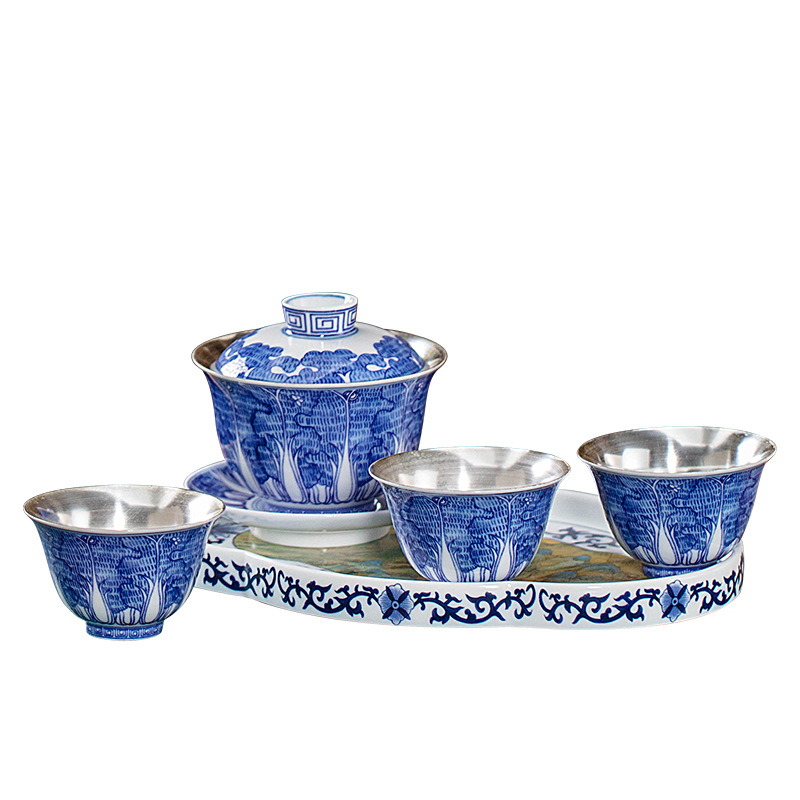 Set Gongfu de ceai din porțelan albastru- alb — gaiwan și ceainic, cadou de Anul Nou
