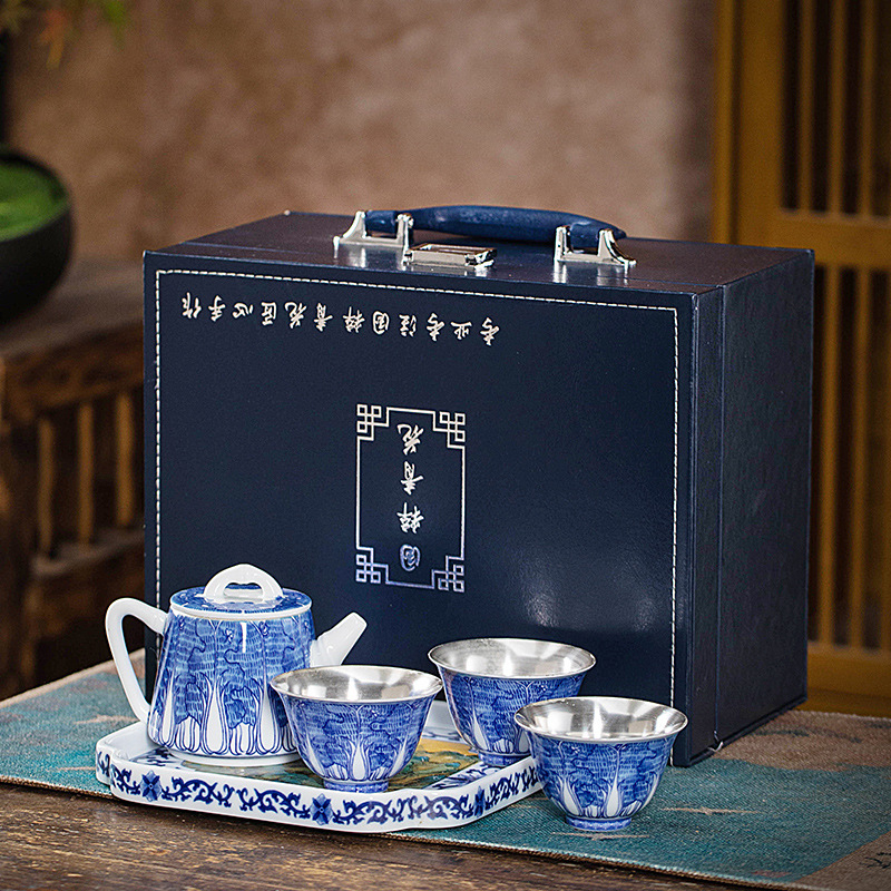 Set Gongfu de ceai din porțelan albastru- alb — gaiwan și ceainic, cadou de Anul Nou